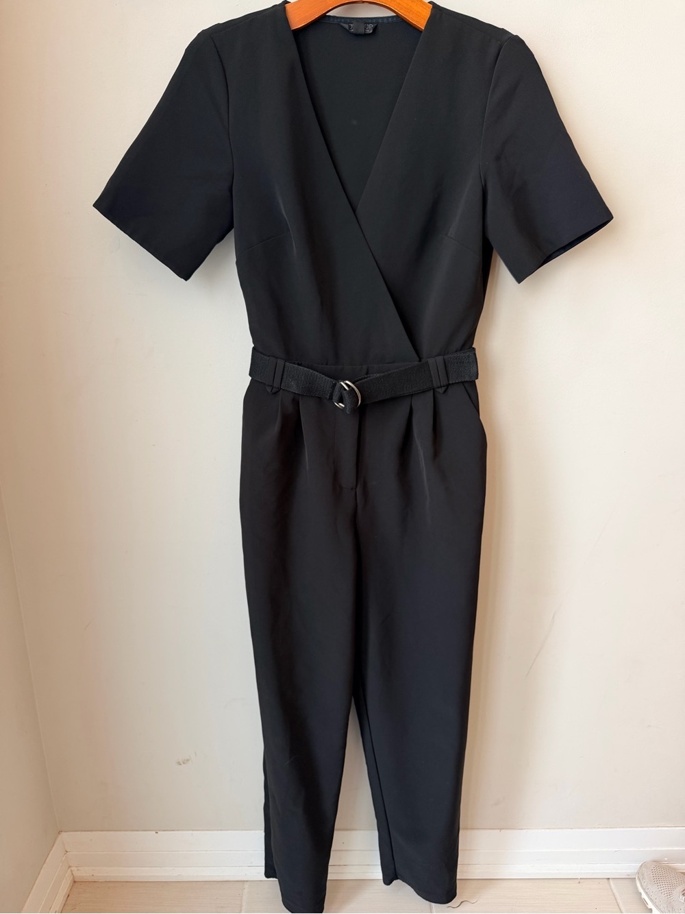 Topshop Black Wrap-Front Belted Jumpsuit US 4 / UK 8 Sleek Classic Quiet Luxury